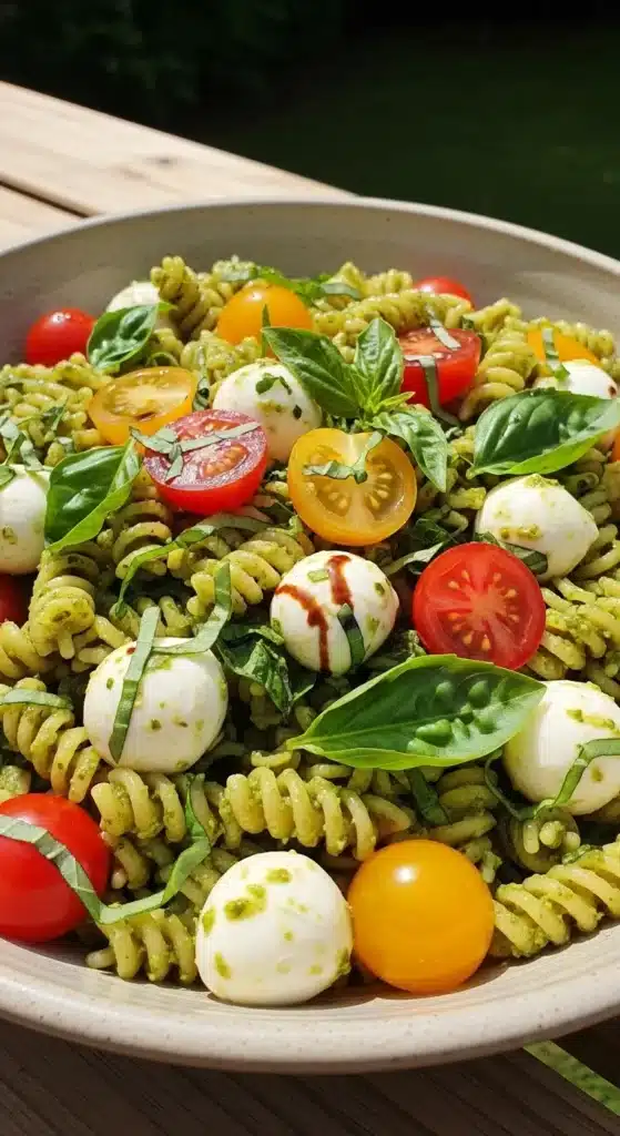 Caprese Pesto Pasta Salad with Fresh Mozzarella