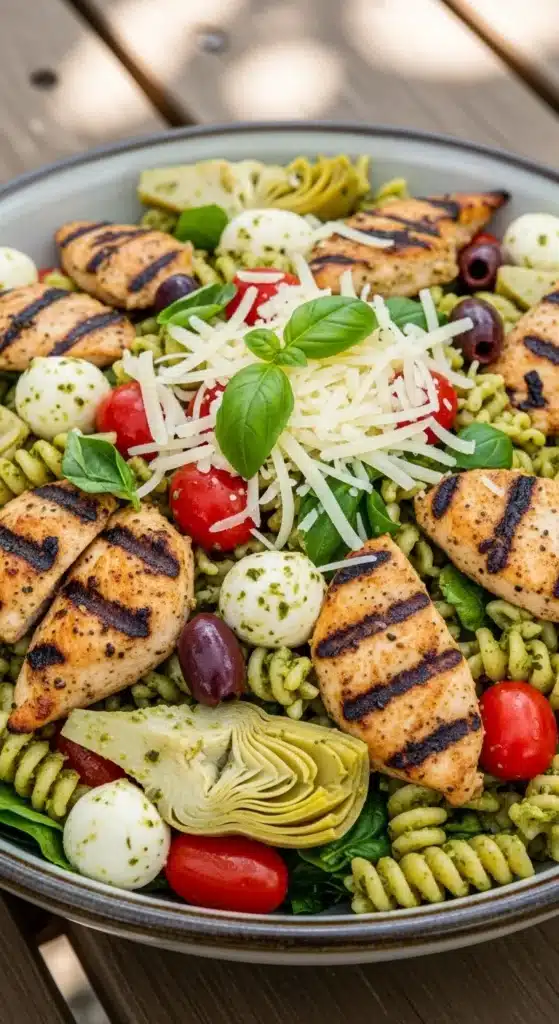 Chicken Pesto Pasta Salad Loaded with Protein
