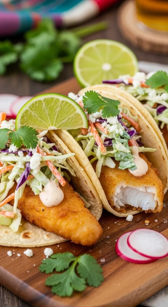 Crispy Fish Tacos with Cilantro Lime Slaw