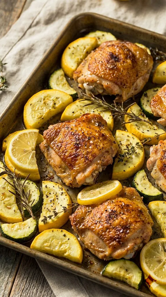Crispy Lemon-Herb Roasted Squash and Chicken Thighs