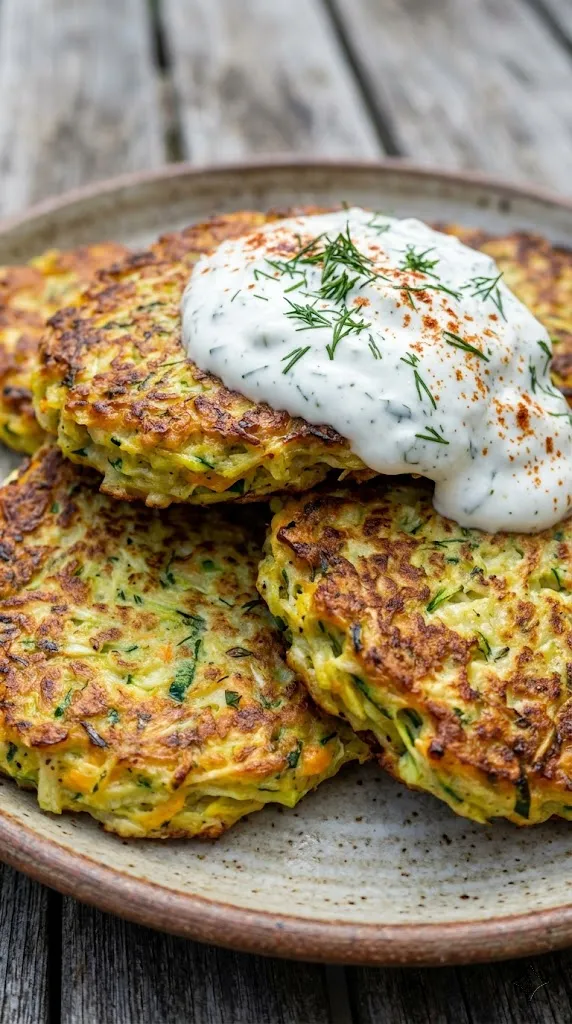 Easy Zucchini and Summer Squash Fritters with Garlic-Herb Yogurt Sauce