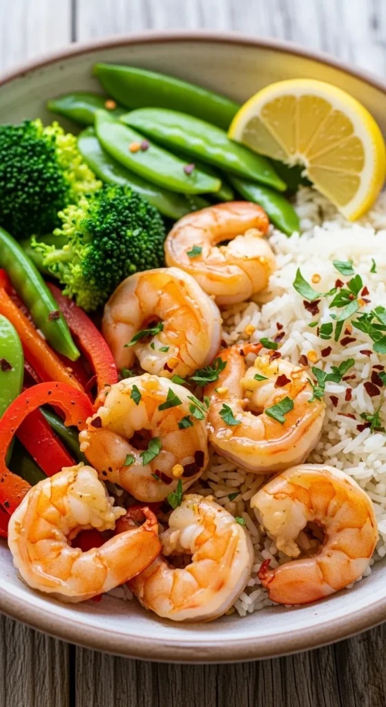 Garlic Shrimp Bowl with Rice and Vegetables