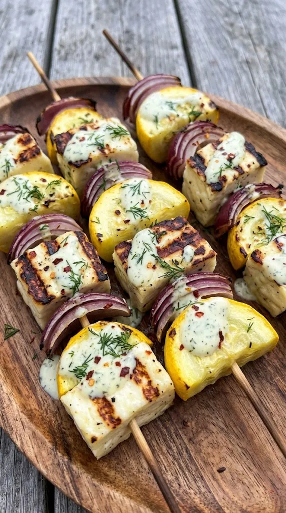 Grilled Summer Squash and Halloumi Kebabs with Lemon-Dill Sauce