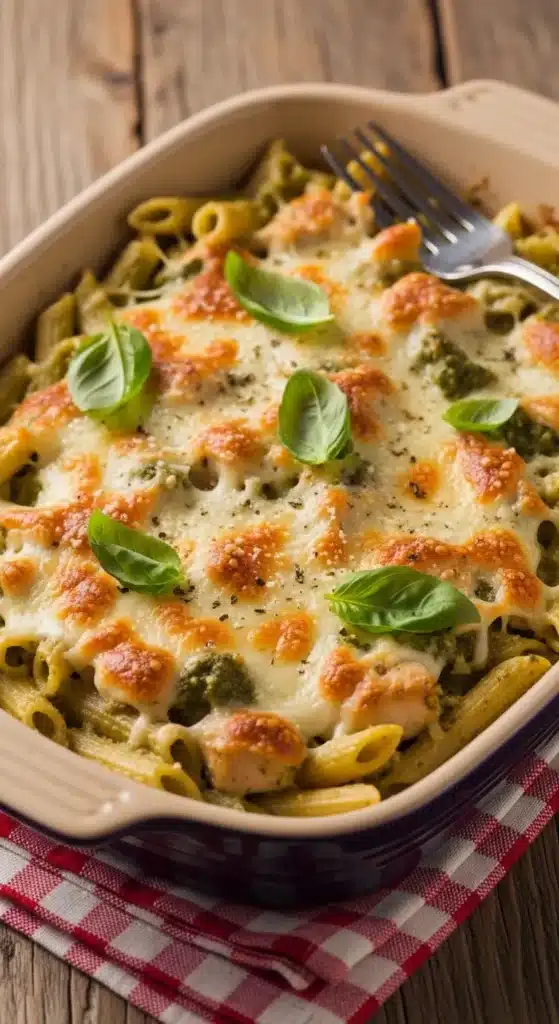 Pesto Chicken Pasta Bake with Melted Mozzarella