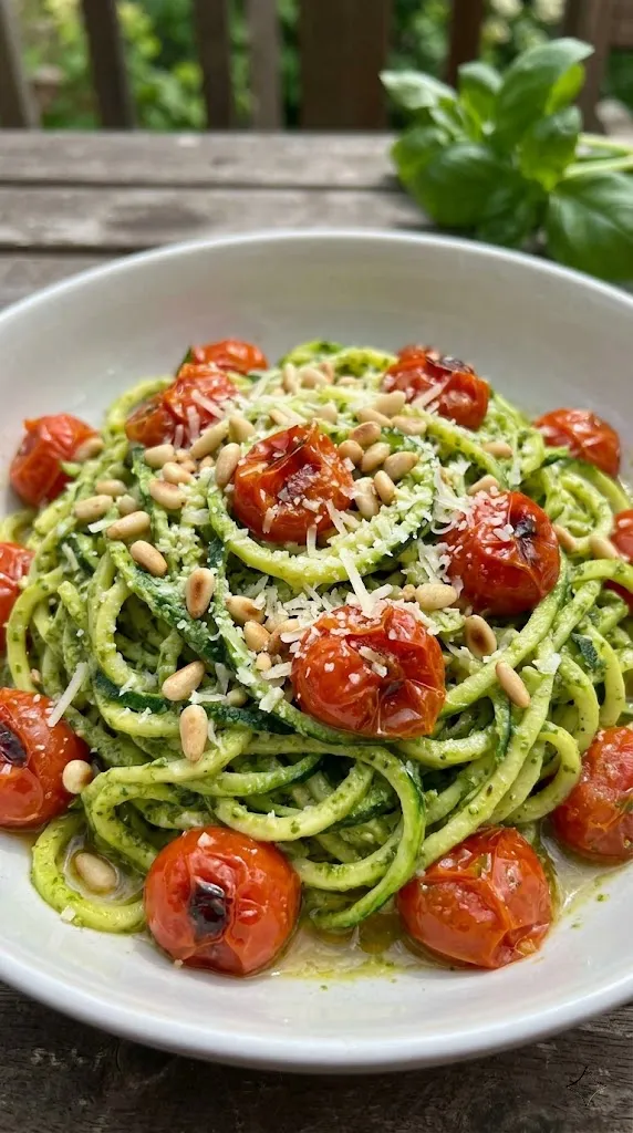 Pesto Zucchini Noodle Pasta with Burst Tomatoes