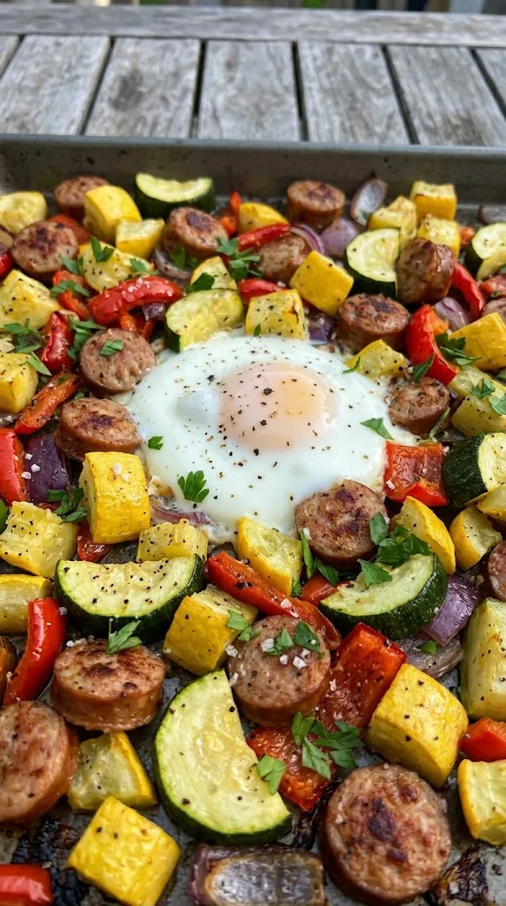 Sheet-Pan Summer Squash and Chicken Sausage "Hash" with a Fried Egg