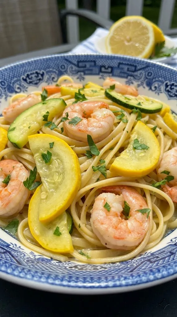 Summer Squash & Shrimp Linguine with Garlic-Butter Sauce
