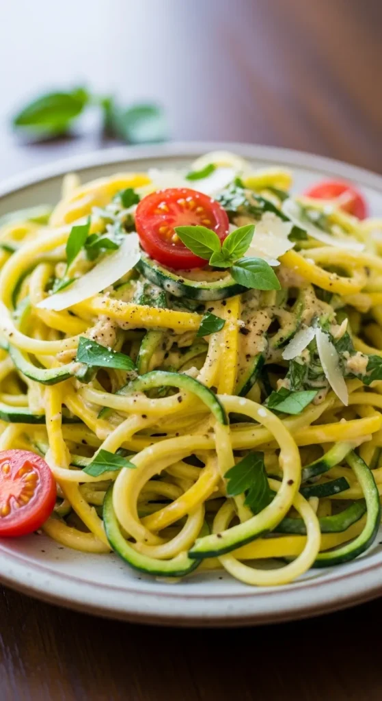 Summer Squash and Zucchini Spaghetti with a Cheesy Herb Sauce