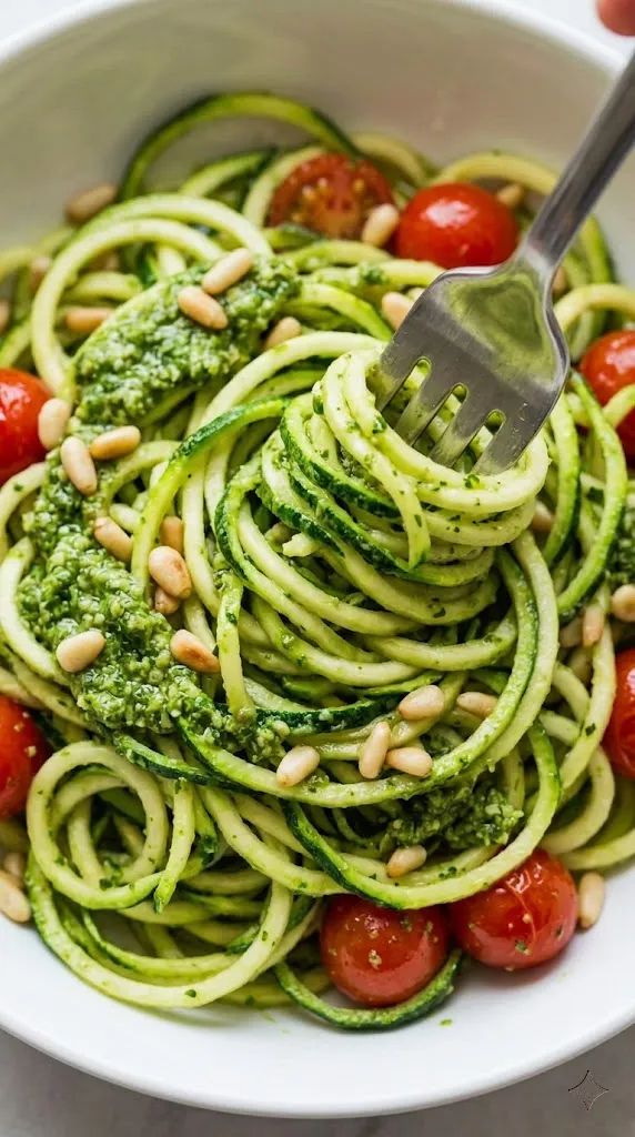 Zucchini Noodle Pesto Pasta with Blistered Tomatoes