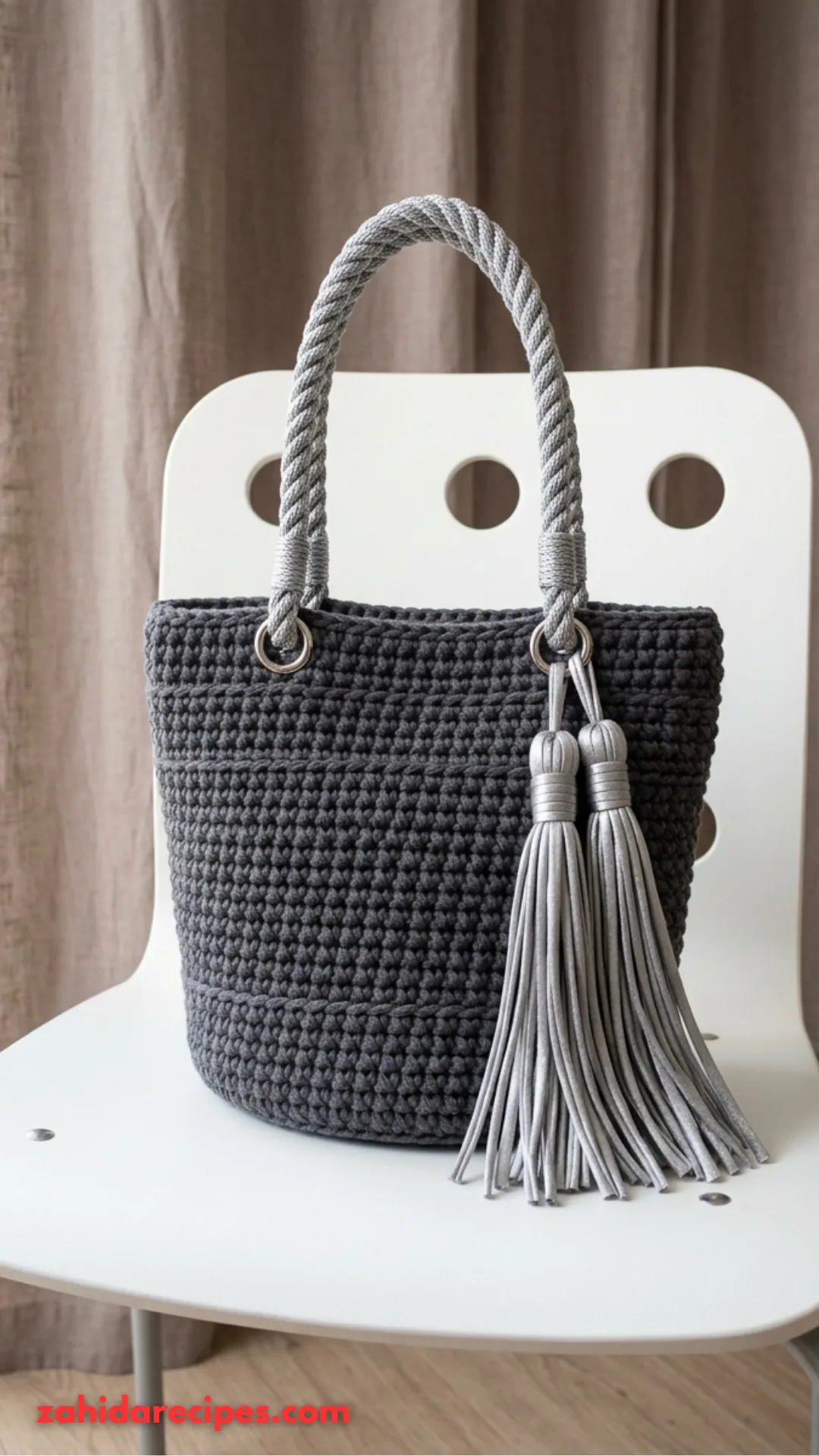 Charcoal Gray Modern Tote with Silver Tassels