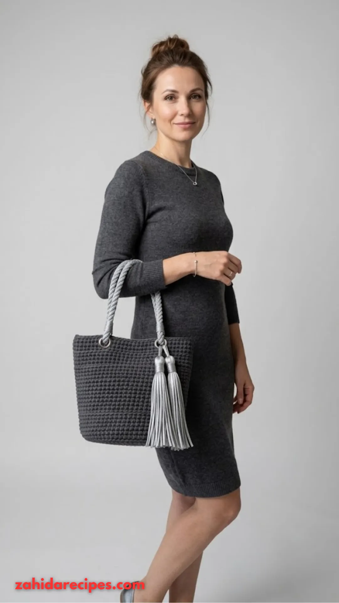 Charcoal Gray Modern Tote with Silver Tassels